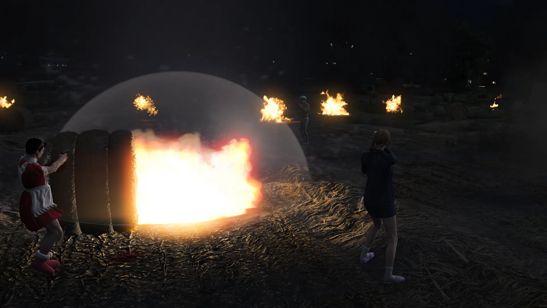 불길이 치솟는 야간 보스전 현장에 선 플레이어들